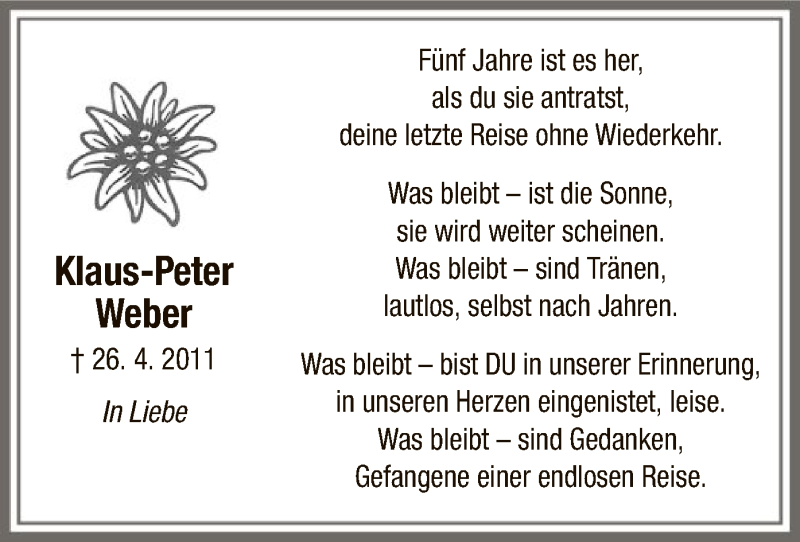  Traueranzeige für Klaus-Peter Weber vom 26.04.2016 aus MZV