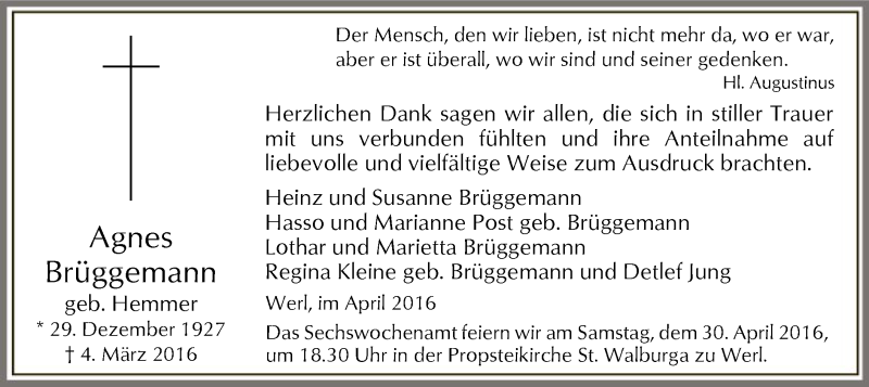  Traueranzeige für Agnes Brüggemann vom 25.04.2016 aus MZV