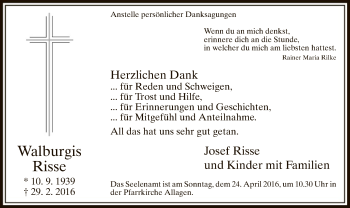 Traueranzeige von Walburgis Risse von MZV
