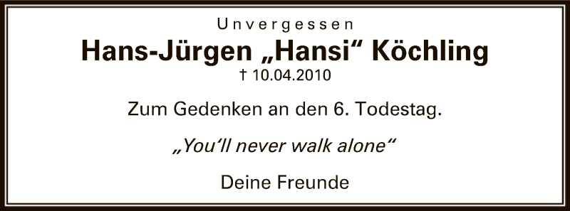  Traueranzeige für Hans-Jürgen Köchling vom 09.04.2016 aus MZV