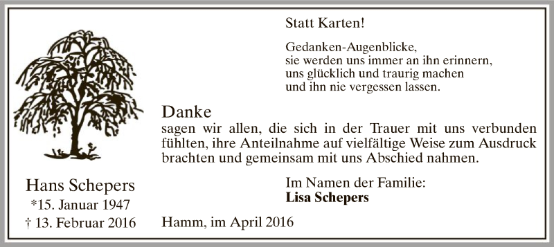  Traueranzeige für Hans Schepers vom 09.04.2016 aus MZV