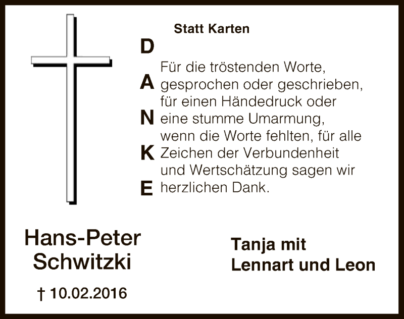  Traueranzeige für Hans-Peter Schwitzki vom 02.04.2016 aus MZV