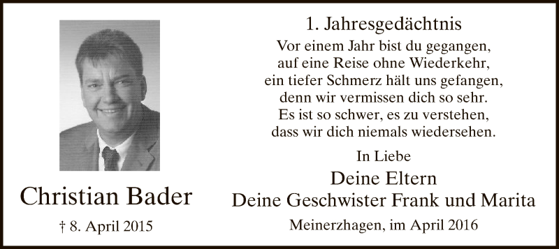  Traueranzeige für Christian Bader vom 08.04.2016 aus MZV