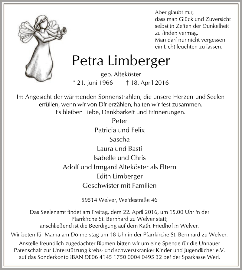 Traueranzeige für Petra Limberger vom 20.04.2016 aus MZV
