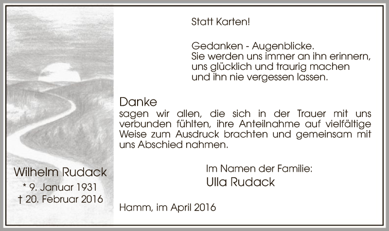  Traueranzeige für Wilhelm Rudack vom 02.04.2016 aus MZV