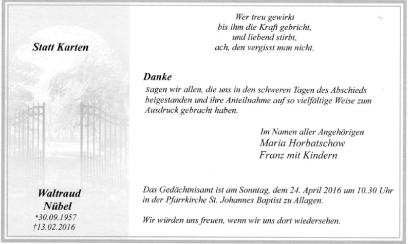  Traueranzeige für Waltraud Nübel vom 16.04.2016 aus MZV