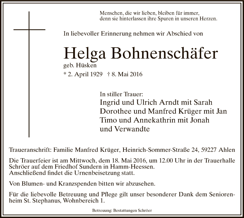  Traueranzeige für Helga Bohnenschäfer vom 11.05.2016 aus MZV