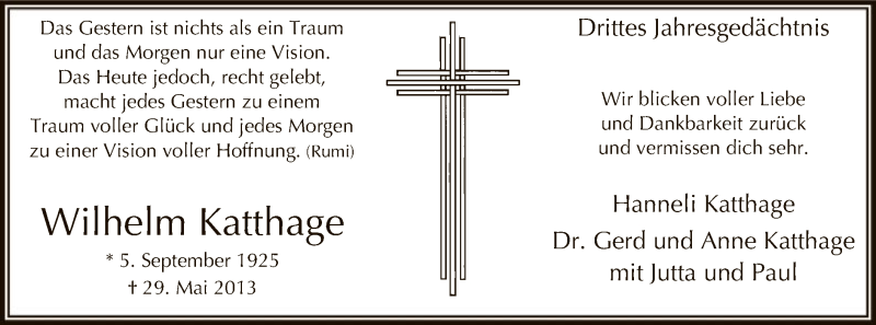  Traueranzeige für Wilhelm Katthage vom 28.05.2016 aus MZV