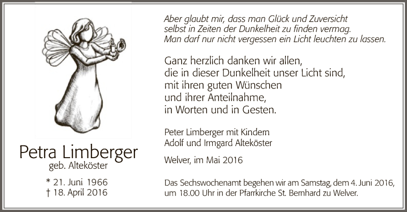 Traueranzeige für Petra Limberger vom 30.05.2016 aus MZV