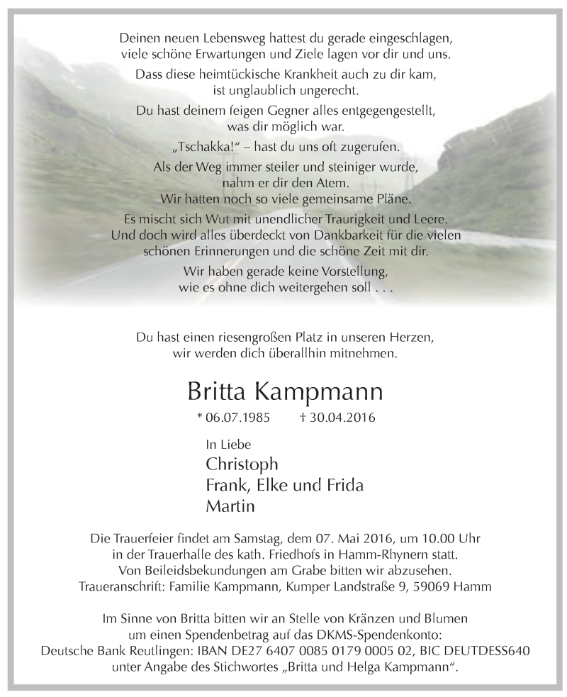  Traueranzeige für Britta Kampmann vom 04.05.2016 aus Westfälischer Anzeiger