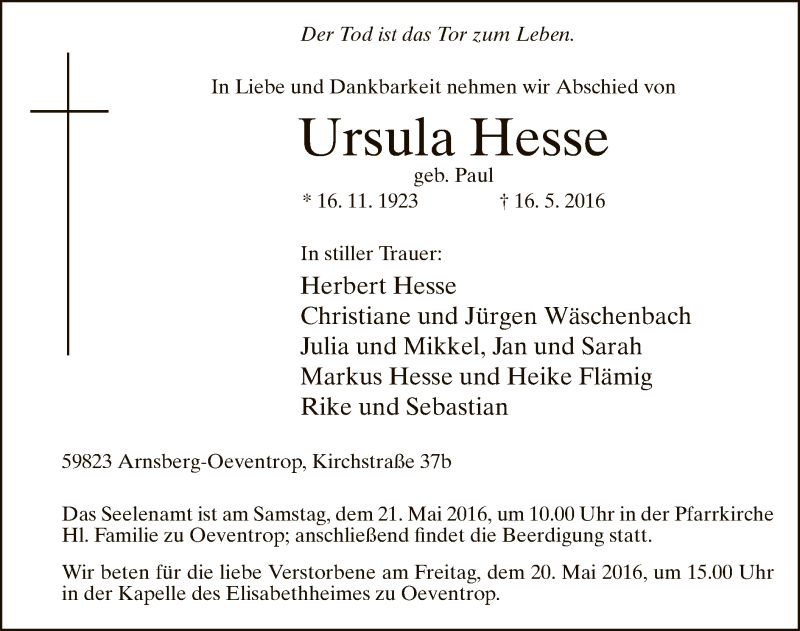  Traueranzeige für Ursula Hesse vom 18.05.2016 aus MZV