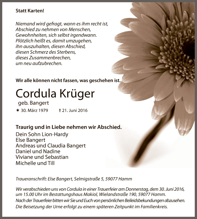  Traueranzeige für Cordula Krüger vom 27.06.2016 aus MZV