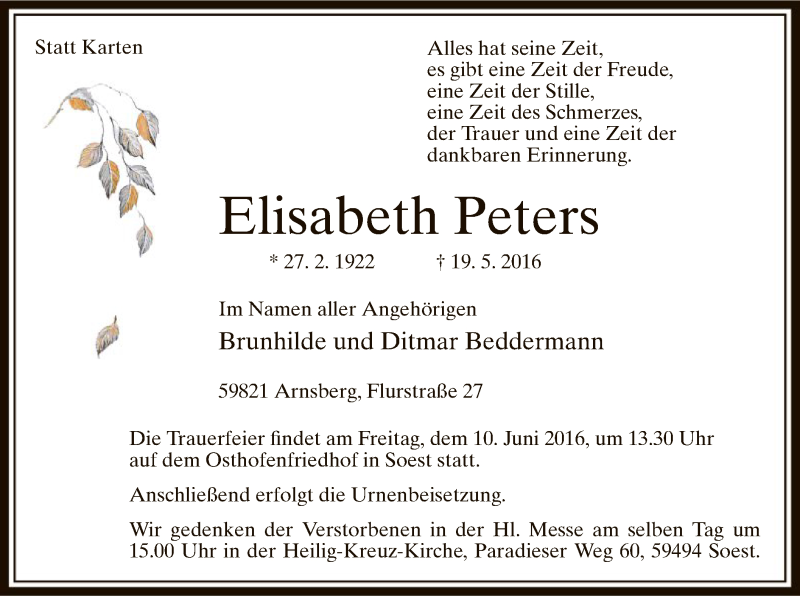  Traueranzeige für Elisabeth Peters vom 04.06.2016 aus MZV