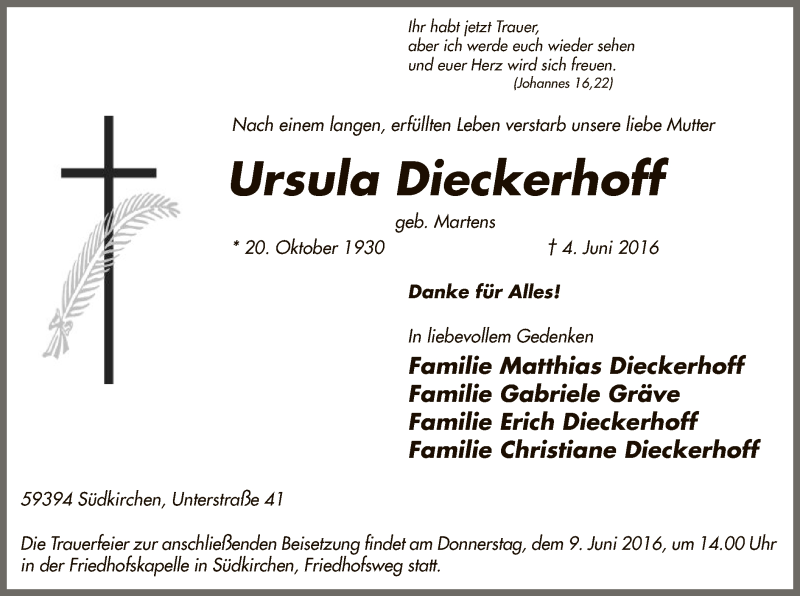  Traueranzeige für Ursula Dieckerhoff vom 07.06.2016 aus MZV