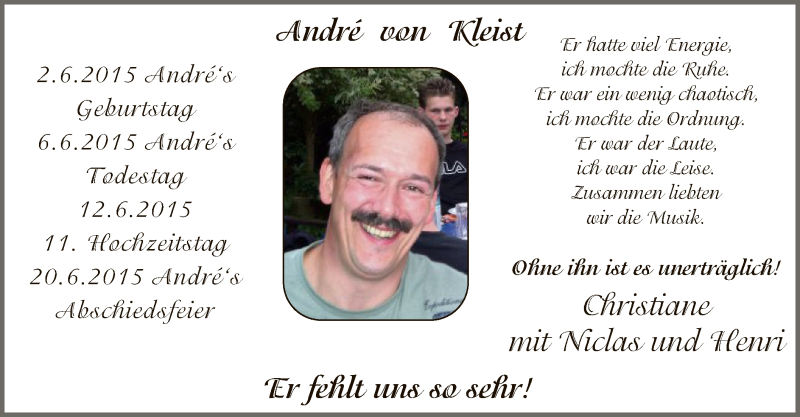  Traueranzeige für André von Kleist vom 04.06.2016 aus MZV