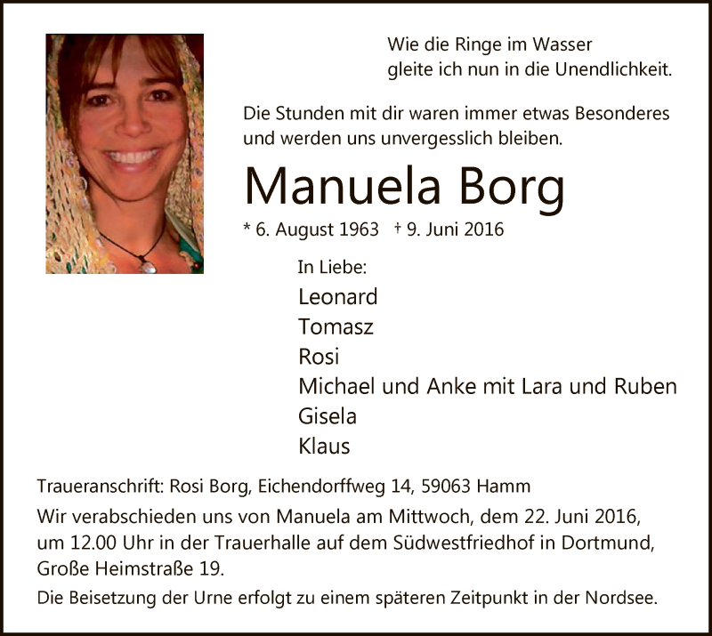  Traueranzeige für Manuela Borg vom 18.06.2016 aus MZV