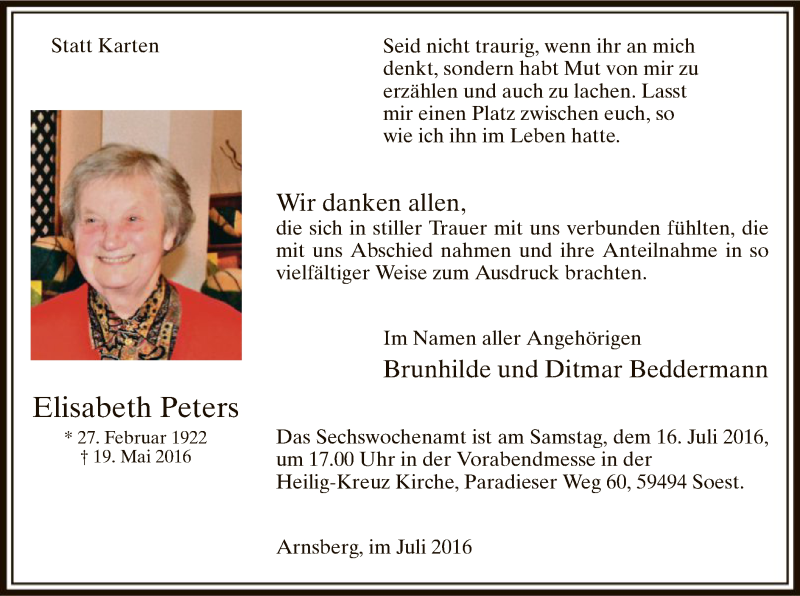  Traueranzeige für Elisabeth Peters vom 09.07.2016 aus MZV