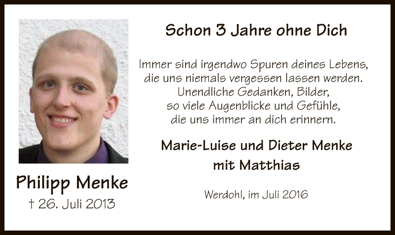  Traueranzeige für Philipp Menke vom 27.07.2016 aus MZV