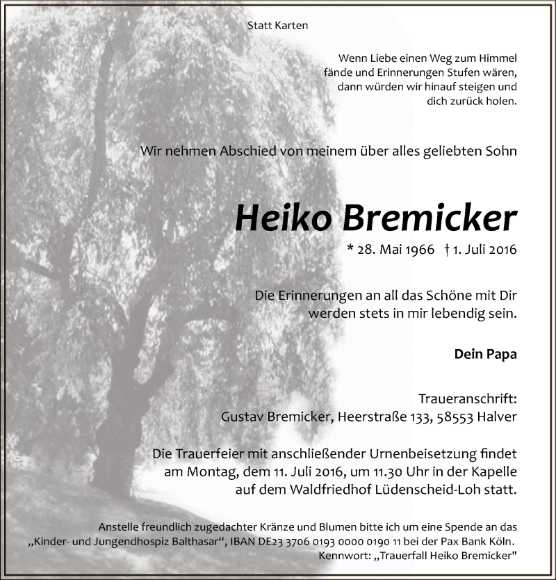  Traueranzeige für Heiko Bremicker vom 06.07.2016 aus MZV