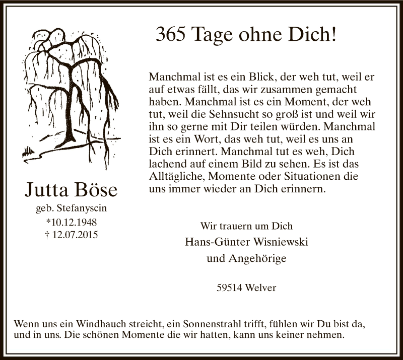  Traueranzeige für Jutta Böse vom 12.07.2016 aus MZV