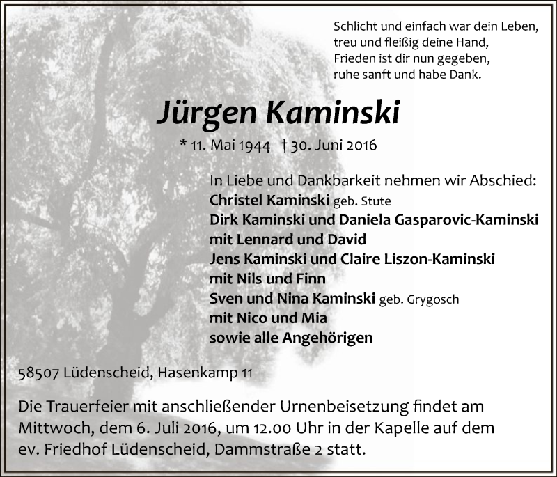  Traueranzeige für Jürgen Kaminski vom 02.07.2016 aus MZV