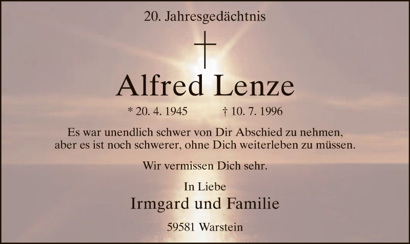  Traueranzeige für Alfred Lenze vom 09.07.2016 aus MZV