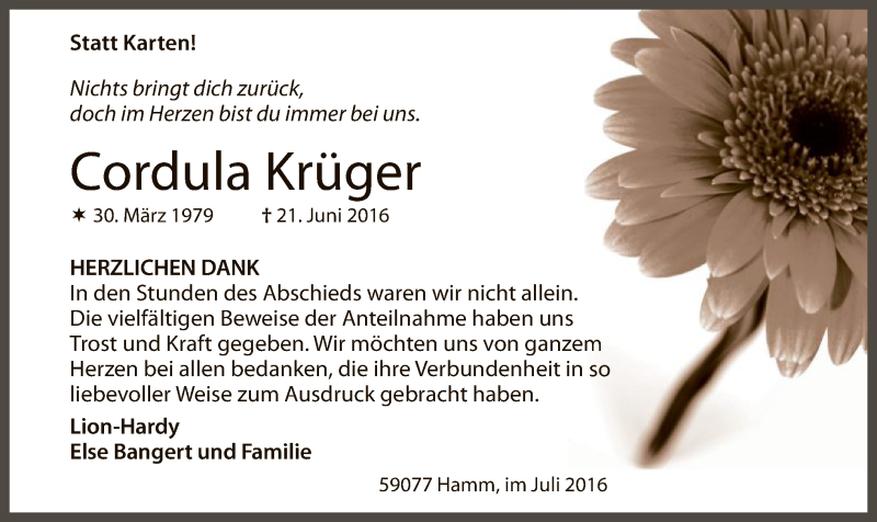  Traueranzeige für Cordula Krüger vom 23.07.2016 aus MZV