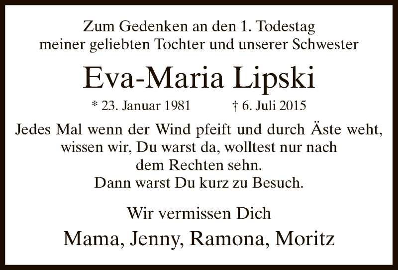  Traueranzeige für Eva-Maria Lipski vom 06.07.2016 aus MZV