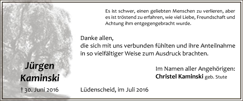  Traueranzeige für Jürgen Kaminski vom 30.07.2016 aus MZV