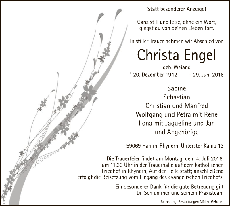 Traueranzeigen Von Christa Engel Trauer Nrw