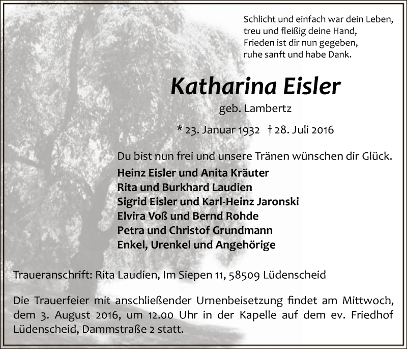  Traueranzeige für Katharina Eisler vom 30.07.2016 aus MZV