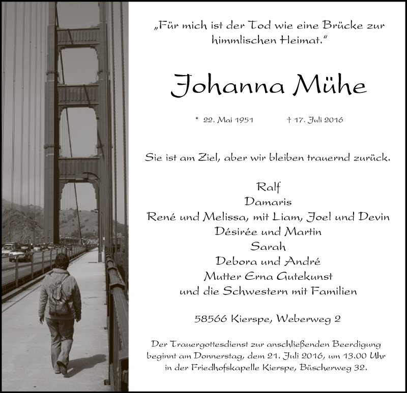  Traueranzeige für Johanna Mühe vom 19.07.2016 aus MZV