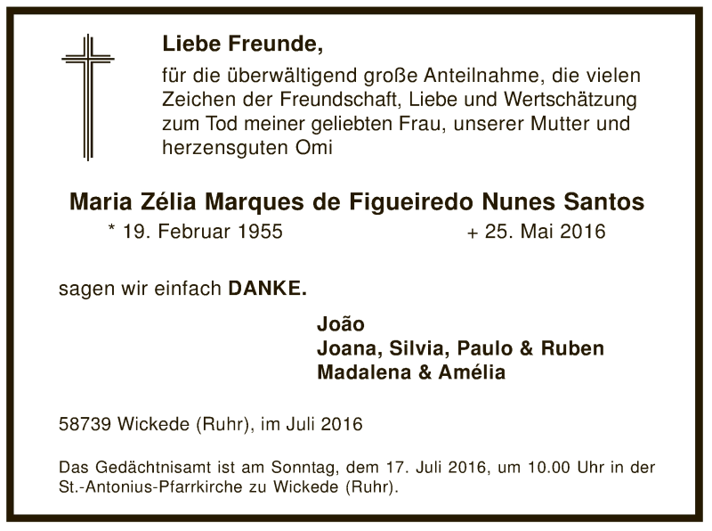  Traueranzeige für Maria Zélia Marques de Figueiredo Nunes Santos vom 09.07.2016 aus MZV