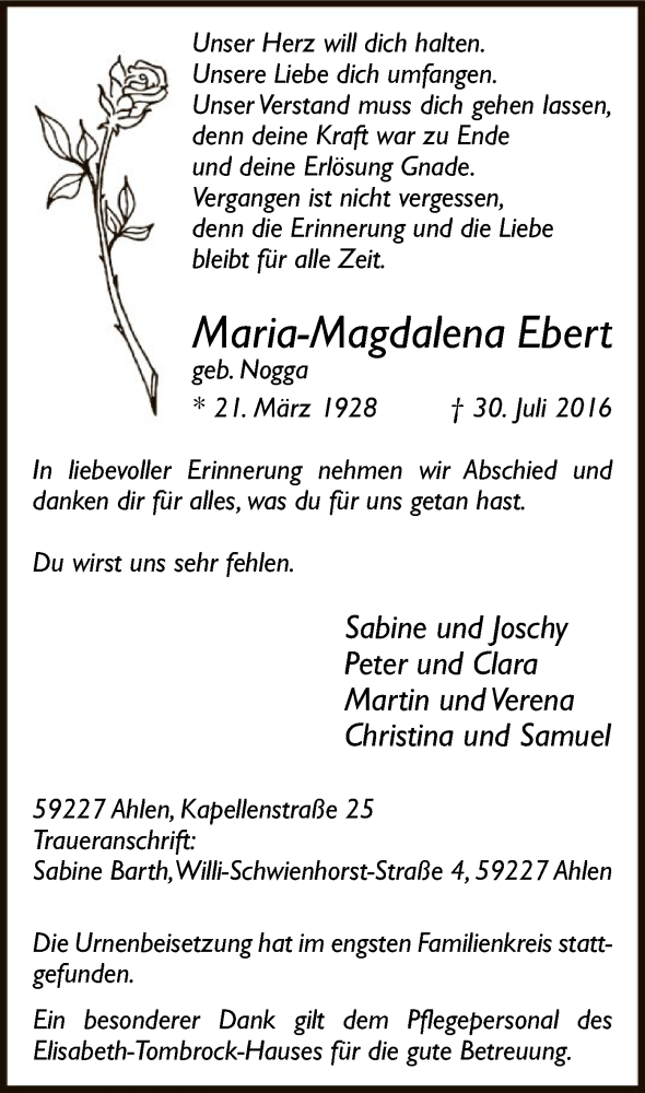  Traueranzeige für Maria-Magdalena Ebert vom 06.08.2016 aus MZV