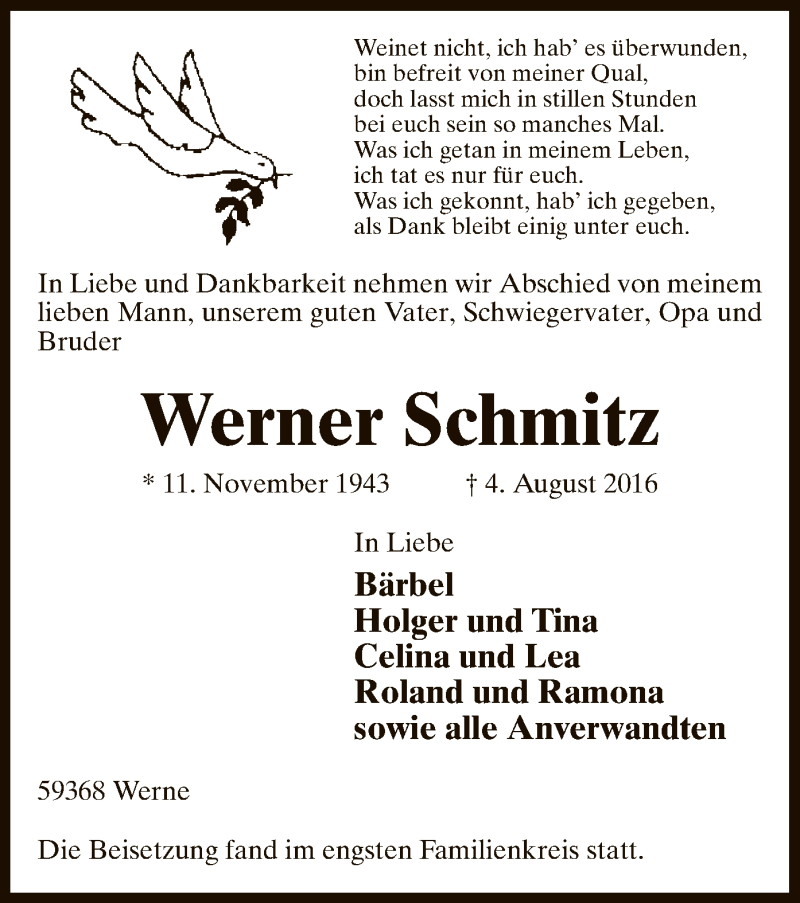  Traueranzeige für Werner Schmitz vom 17.08.2016 aus MZV