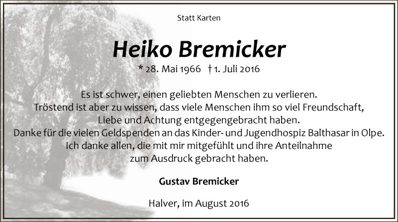  Traueranzeige für Heiko Bremicker vom 08.08.2016 aus MZV