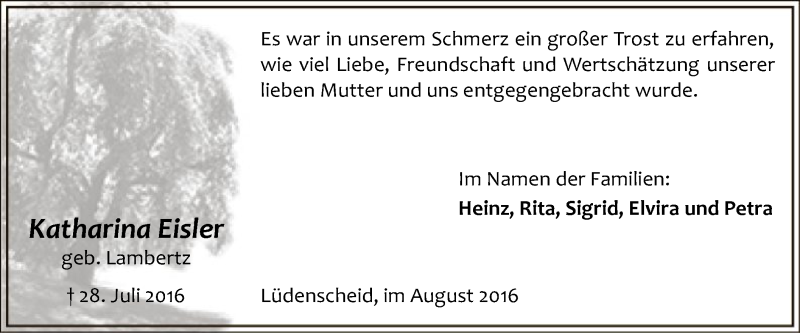  Traueranzeige für Katharina Eisler vom 27.08.2016 aus MZV