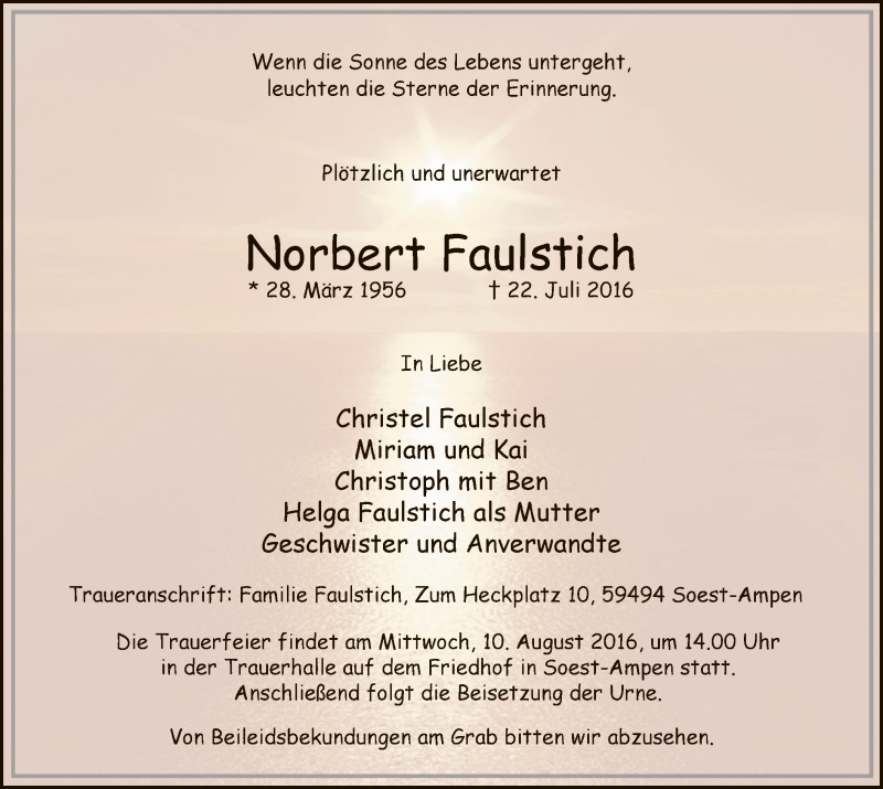  Traueranzeige für Norbert Faulstich vom 03.08.2016 aus MZV