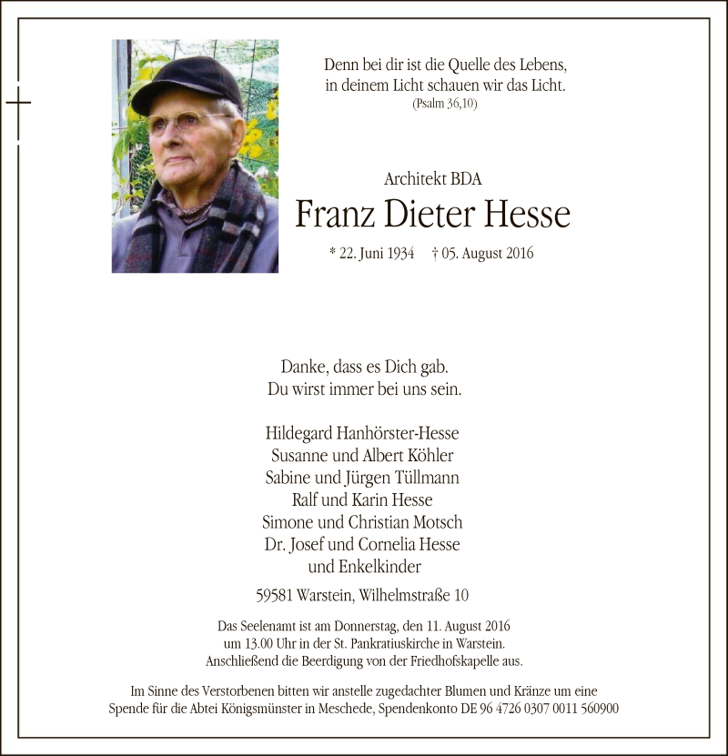  Traueranzeige für Franz Dieter Hesse vom 08.08.2016 aus MZV