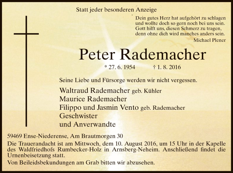  Traueranzeige für Peter Rademacher vom 03.08.2016 aus MZV