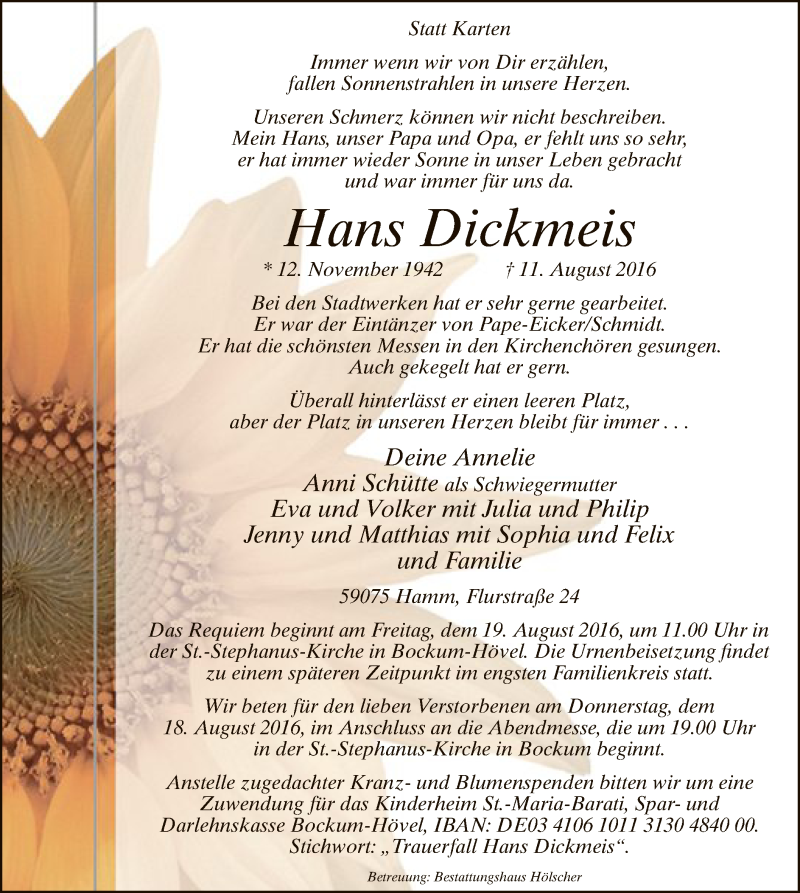 Traueranzeige für Hans Dickmeis vom 13.08.2016 aus MZV