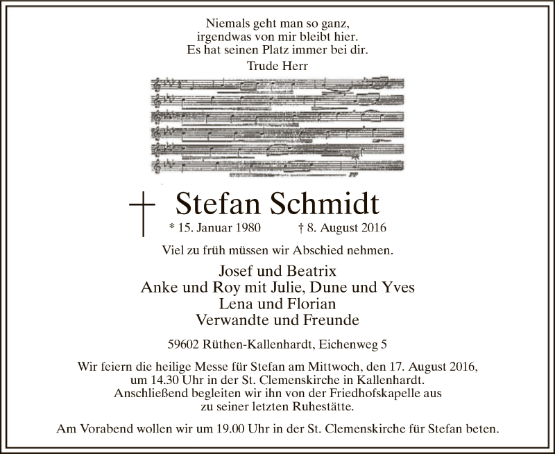 Traueranzeige für Stefan Schmidt vom 11.08.2016 aus MZV