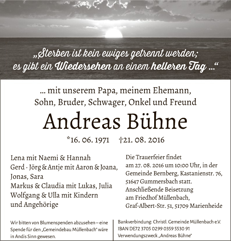  Traueranzeige für Andreas Bühne vom 24.08.2016 aus MZV
