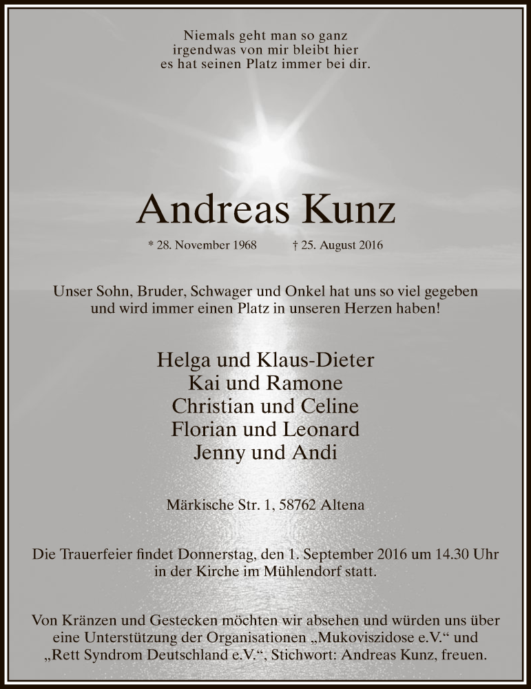  Traueranzeige für Andreas Kunz vom 30.08.2016 aus MZV