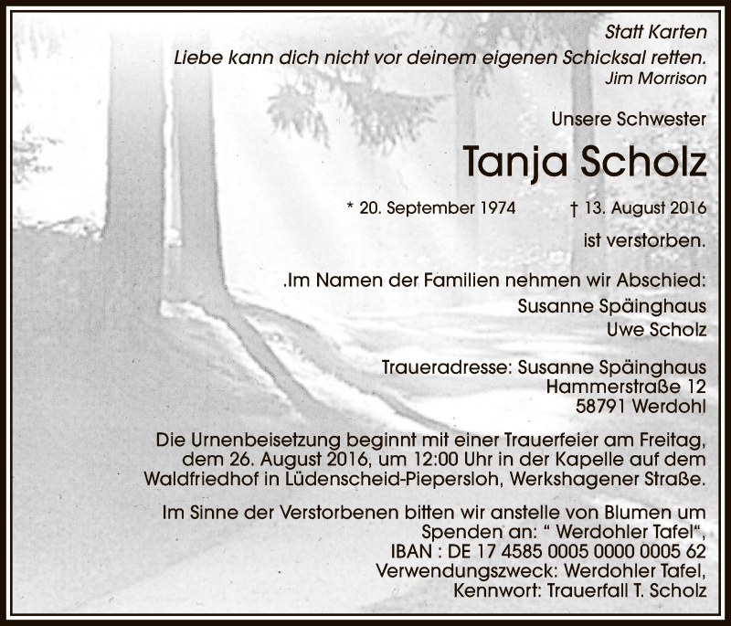  Traueranzeige für Tanja Scholz vom 23.08.2016 aus MZV