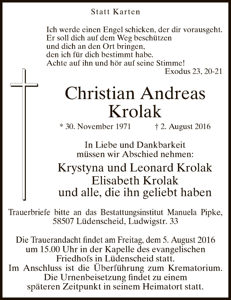  Traueranzeige für Christian Andreas Krolak vom 03.08.2016 aus MZV