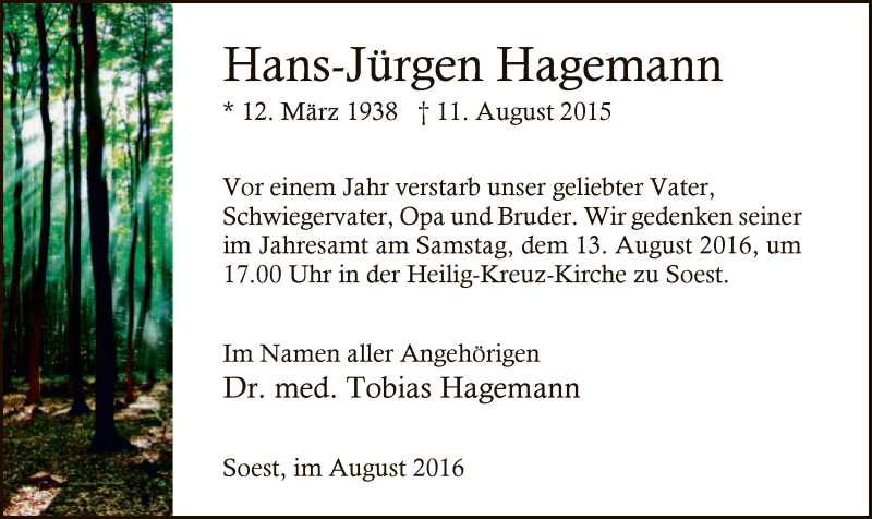  Traueranzeige für Hans-Jürgen Hagemann vom 11.08.2016 aus MZV