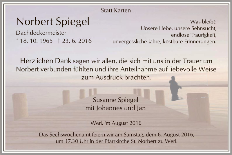  Traueranzeige für Norbert Spiegel vom 01.08.2016 aus MZV