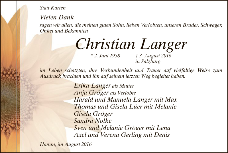 Traueranzeige für Christian Langer vom 27.08.2016 aus MZV