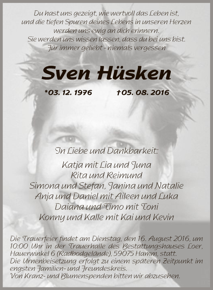  Traueranzeige für Sven Hüsken vom 13.08.2016 aus MZV